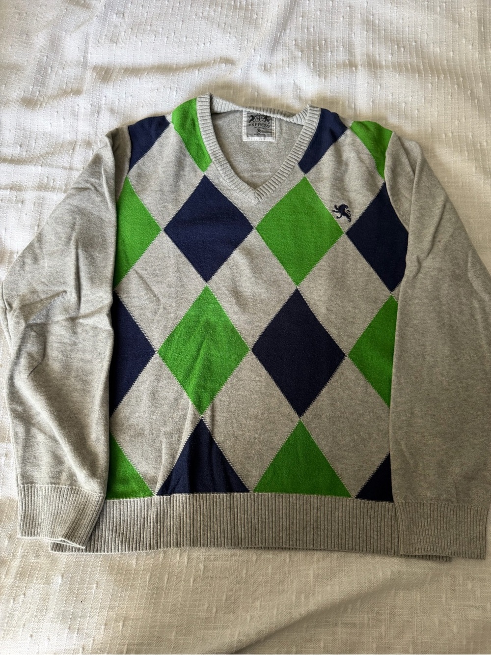 Express Men's Gray V-Neck Argyle Sweater with Green & Navy Diamonds